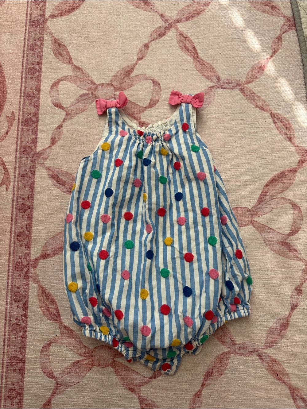 Boden Blue and White Striped Baby Romper with Pink Bows